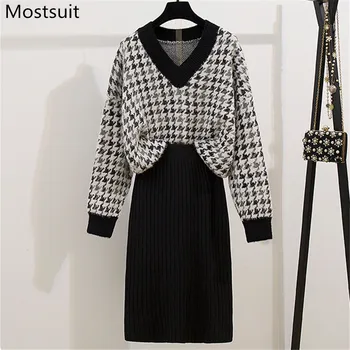 

2020 Spring Knitted 2 Piece Skirt Suits Sets Women Houndstooth V-neck Sweater + Midi Skirt Suits Outfits Vintage Fashion Sets
