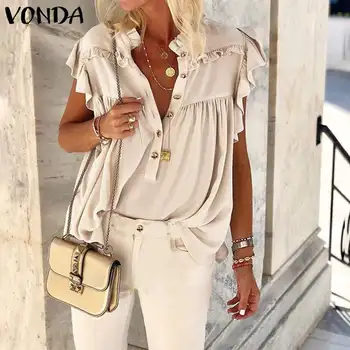 

Work Shirts Beach Tops Women Casual Loose Stand Collar Sleeveless Shirts VONDA 2020 Summer Bohemian Ladies Blouse Plus Size
