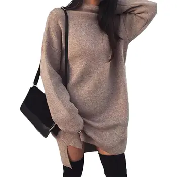 

Trendy Autumn Winter Warm Knit pullover sweater Women Long Sleeve Turtle Neck Side Splitting Warm Knitted Sweater Dress