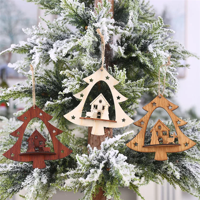 

New DIY 3D Wooden small Tree Pendant Merry Christmas Tree Hanging Ornament Drop Pendant DIY crafts Xmas home Decorations