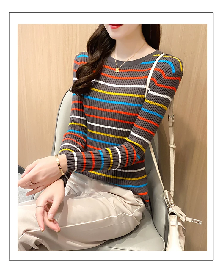 New Women Rainbow Stripe Sweater Winter Slim Long Sleeve Pullover Tops Korean Ladies Knitted Elegaht Sweaters Woman Jumper Mujer
