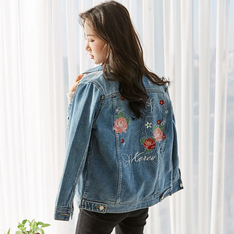 

Embroidered Jeans Coat Women's Korean-style Spring Clothing New Style Loose-Fit Long Sleeve Embroidery Cowboy Clothing Short Coa