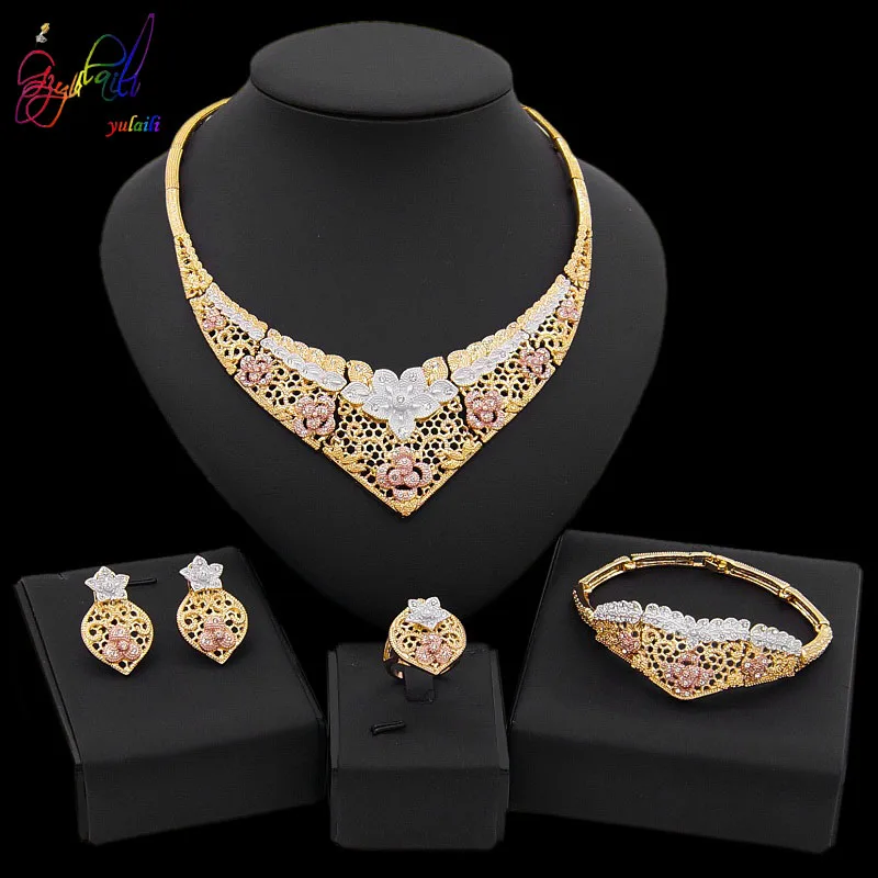 

Yulaili 2019 Exclusive Dubai Gold Jewelry Sets Crystal Necklace Stud Earring for Women African Wedding Party Luxury Jewellery