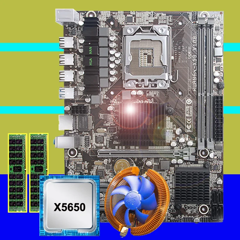 Best Price HUANANZHI X58 motherboard CPU RAM combos discount X58 LGA1366 motherboard CPU Intel Xeon X5650 with cooler RAM 8G(2*4G) REG ECC