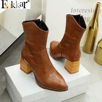 

Eokkar 2020 Big Size 45 Women Winter Boots High Heel New Fashion Ladies Ankle Boots Thick Heels Motorcycle Boots Size 34-45