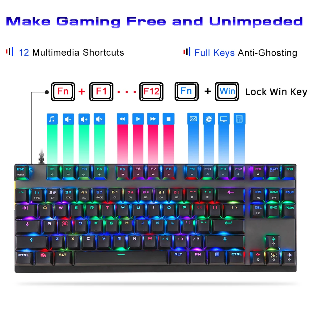 Original Motospeed CK82 Gaming Mechanical Keyboard USB Wired 87 keys with RGB Backlight Red/Blue Switch for PC Computer Gamer