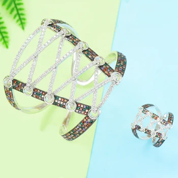 

SISCATHY 2PC Trendy Open Wide Corset Bangle Bracelets/Ring Luxury Micro Cubic Zirconia Girls Women Patry Wedding Jewelry Sets