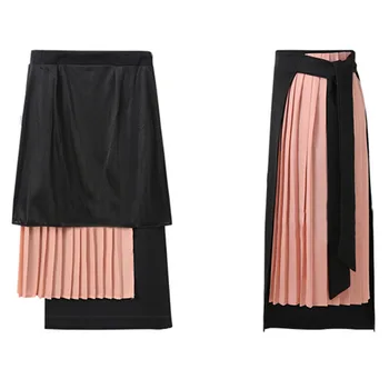 

Spring Summer Irregular Skirts Fake Two Pieces High Waist Pleated Side Slit Skirt Polyester 2019 Fashion Wild Classic Skirt