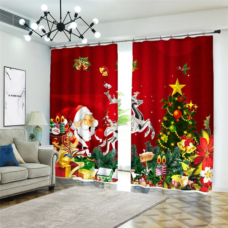 Red christmas Curtains Printing 3D Curtains For Living Room