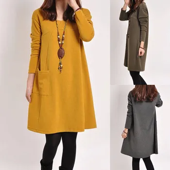 

Dress Women платье Fashion New Casual Plus Size Solid Loose Long Sleeve Pocket Long Sleeve Loose Straight Dress Free Ship