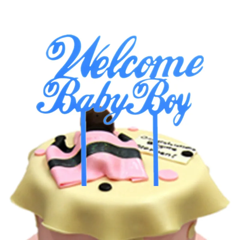1pc Welcome Baby Boy Birthday Cake Flags Blue Acrylic Happy Birthday Cake Toppers Newborn Baby