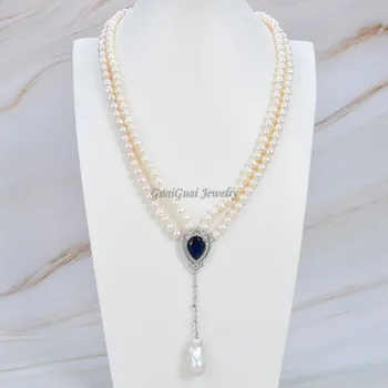 

GG Jewelry 20'' Natural Pearl 2Strands White Keshi Baroque Pearl Necklace CZ Blue Crystal Heart Pendant Cute Lady Fashion