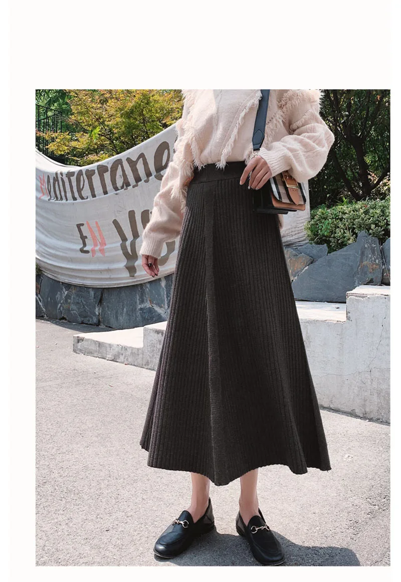 Women's Knit Skirt Autumn Winter New High Waist Solid Color A-line Pleated Knit Skirt Office Lady Wild Warm Long Skirt ML291