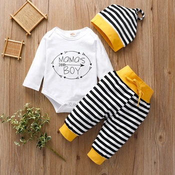 

Round collar Baby Clothing Infant Boys Cotton Outfit Long Sleeve Letter Printed Romper stripe Pants Hat Three-piece Sets