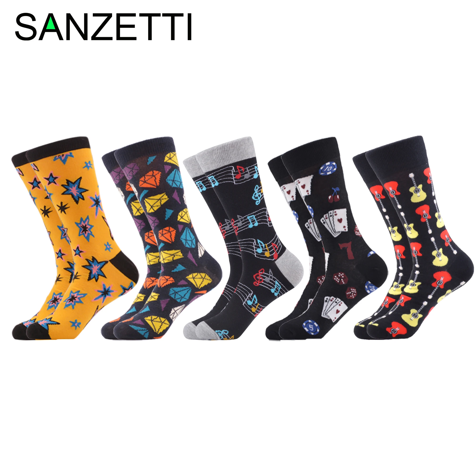 

SANZETTI 5 Pairs/Men Colorful Combed Cotton Happy Fun Diamond Guitar Solitaire Pattern Wedding Party Camping Hiking Socks