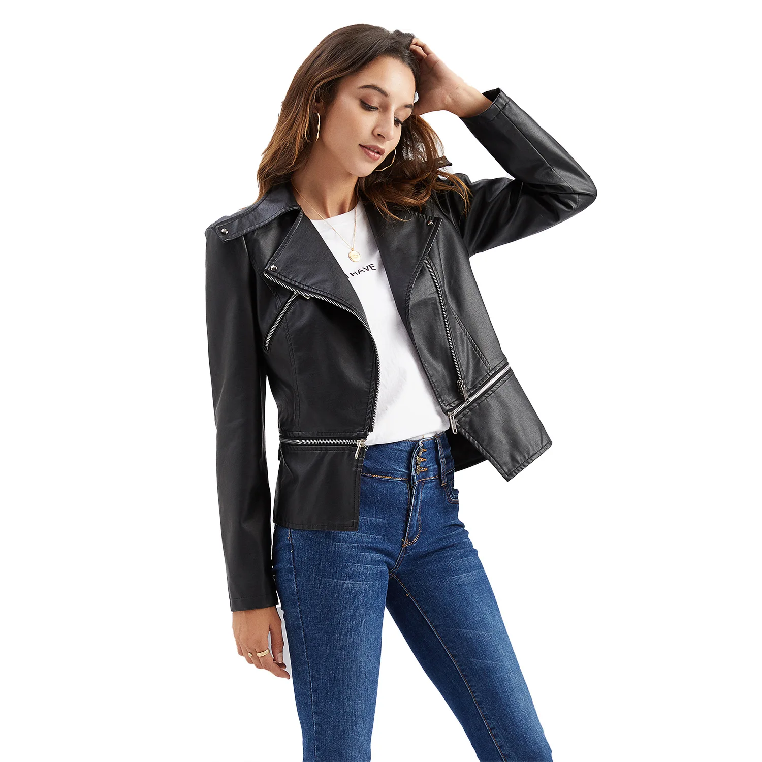 Women's Leisure Hem Detachable Leather Jacket, Spring and Autumn Coat, European and American Fashion, High-Quality Lapel Zipper, european and american checkerboard tooling baseball uniform female spring and autumn thin loose retro high street jacket jacket
