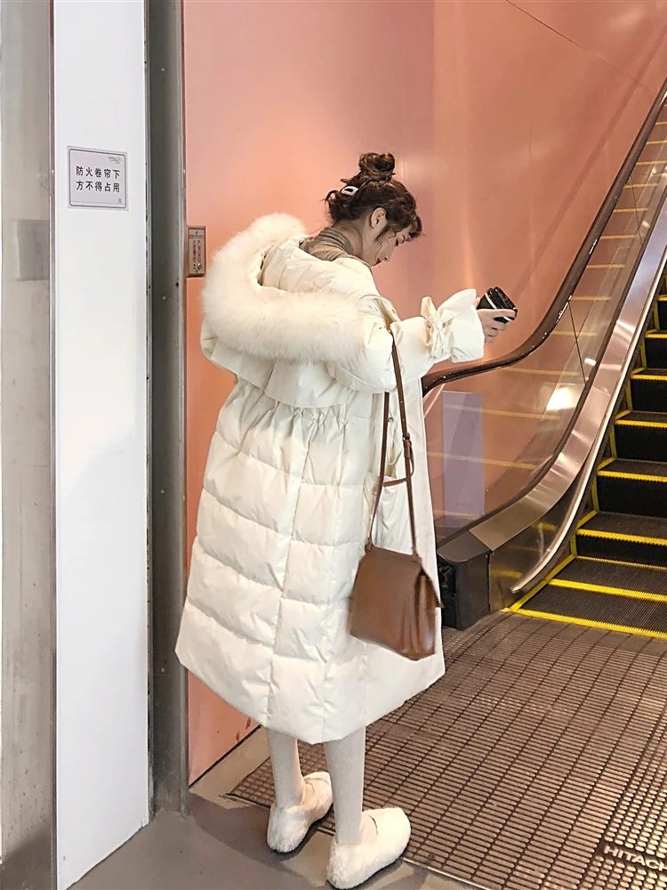 Зима, стиль, свободный и толстый Корейский женский длинный пуховик на белом утином пуху с воротником из натурального меха, зимняя женская верхняя одежда