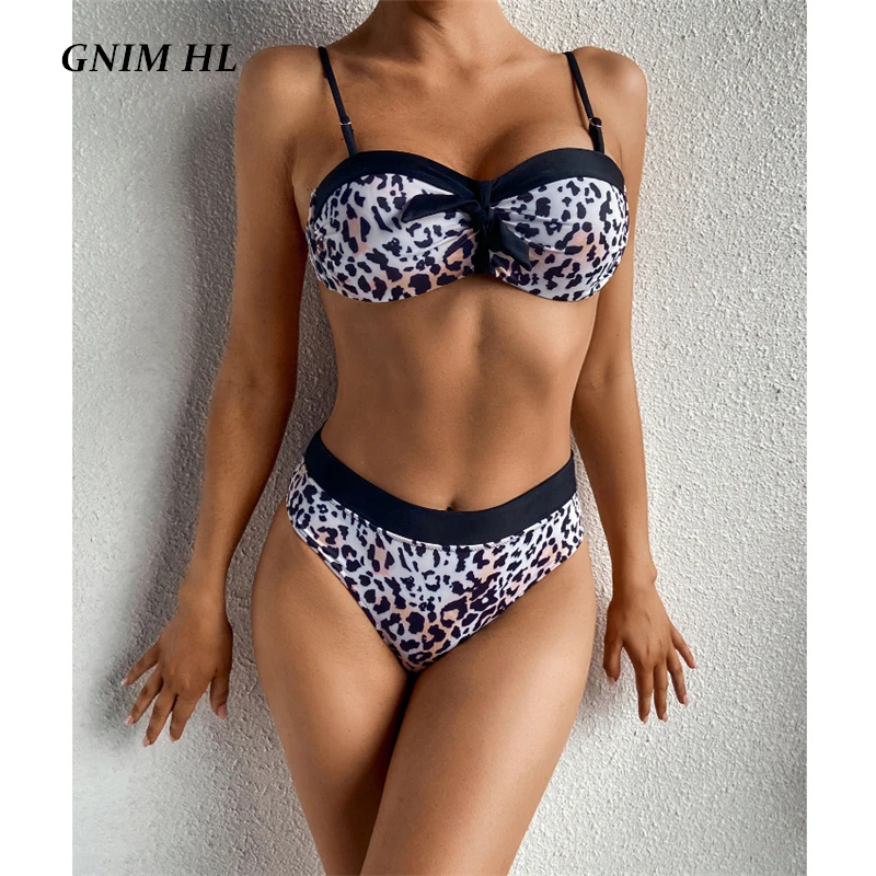 

GNIM Sexy Leopard Print Swimwear Women Push Up Bandage Bikini Set 2021 Summer New High Waist Halter Swimsuit 2 Piece Bather Suit