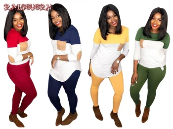 

2019 Winter Autumn Full Sleeve Pathwork Pocket Women's Set Tshirt & Pants Suit Casual Two Piece Set Tracksuit Outfit Overalls