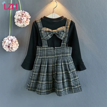 

LZH Girls Clothes 2020 New Autumn Winter Children Clothing Bow Plaid Strap Skirt+Shirt 2Pcs Suit Kids Clothing For Girls Sets