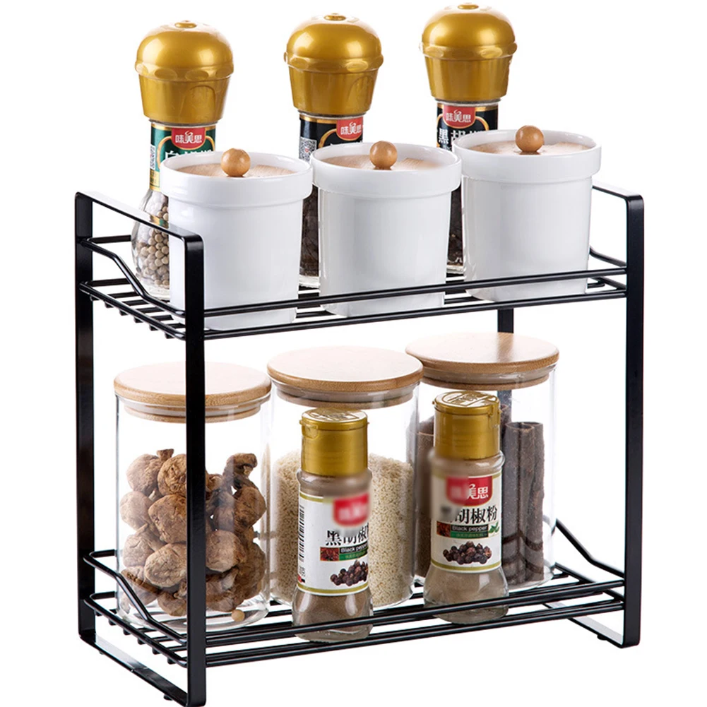 

Saving Space Kitchen Durable Shelf Portable Stand Countertop Storage Holder 2 Tier Iron Art Spice Rack Seasoning Bottle
