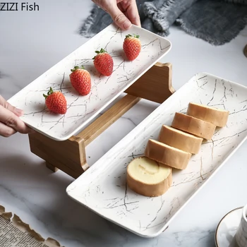 

Ceramic Double Dessert Tray with Wooden Stand Creative Cake Pan Dessert Table Display Stand Afternoon Tea Dessert Fruit Plate