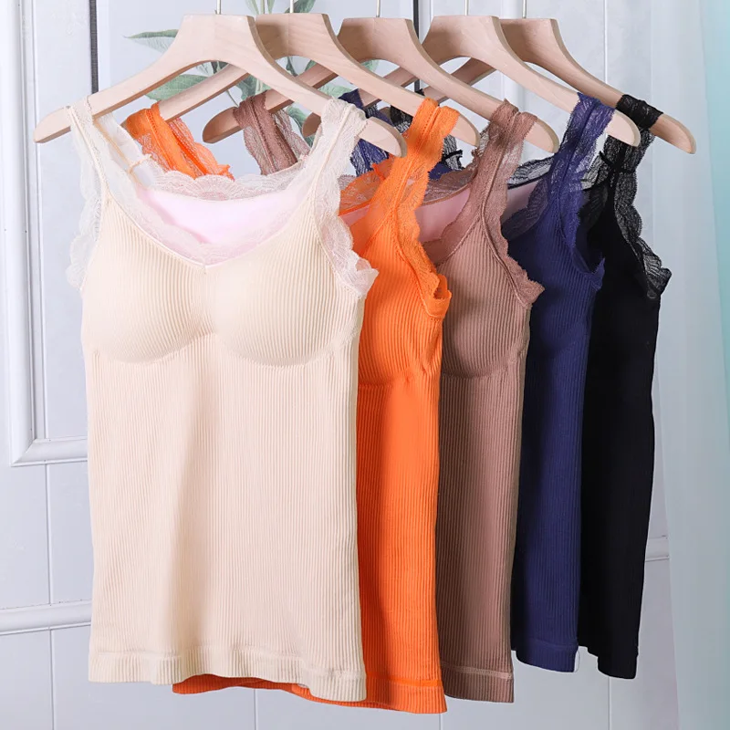 

2019 Autumn And Winter New Ladies Thermal Underwear Femme Lace Thermal Top Thickening Cup Bottom Women Warm Vest Wholesale