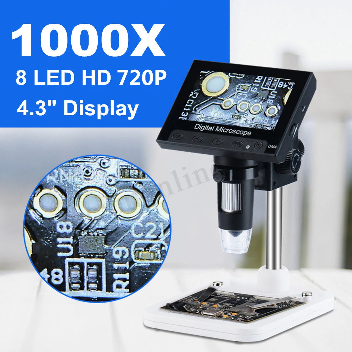 

1000x 2.0MP USB Digital Electronic Microscope DM4 4.3"LCD Display VGA Digital Microscope 8 LED Stand for PCB Motherboard Repaire