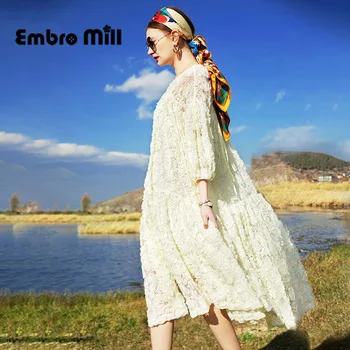 

Spring New High Quality Retro Hollow Lace Dress Street Style O-Neck Lantern Sleeve Loose Elegant Vacation Party Dress S-XL