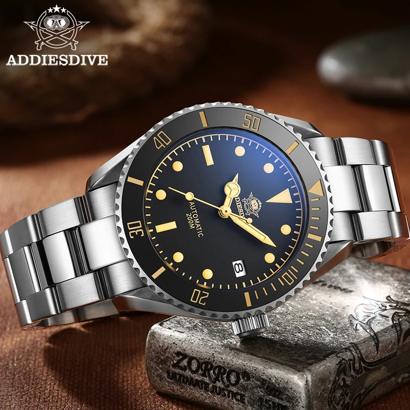 Addies Dive 2101 Men's Automatic Watch NH35 Stainless Steel Wrist Watch Black Matte Dial Super Luminous 200m Diving Watches