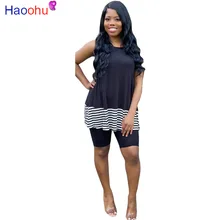 

HAOOHU 2020 Summer Women Two Pieces Sets Tracksuits Striped Print Tops Shorts Suit Sporty Fitness Night Club 2 Pcs Outfit
