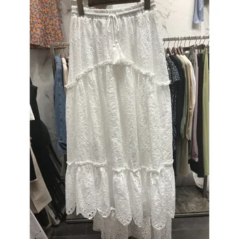 

New women's skirt elastic waist embroidery water-soluble hollow long skirt women