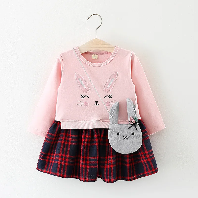 

Spring Autumn Baby Children Girls Patchwork Dress Sweet Cotton Solid Color Rabbit Pattern Long Sleeve Top Lattice Princess Dress