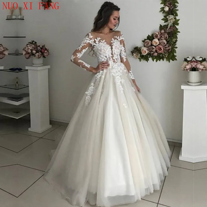 Vintage Scoop Neck A-line Wedding Dress With Long Sleeves Lace Appliques Tulle Bridal Dress 2020 Boho Vestidos De Novia mariage