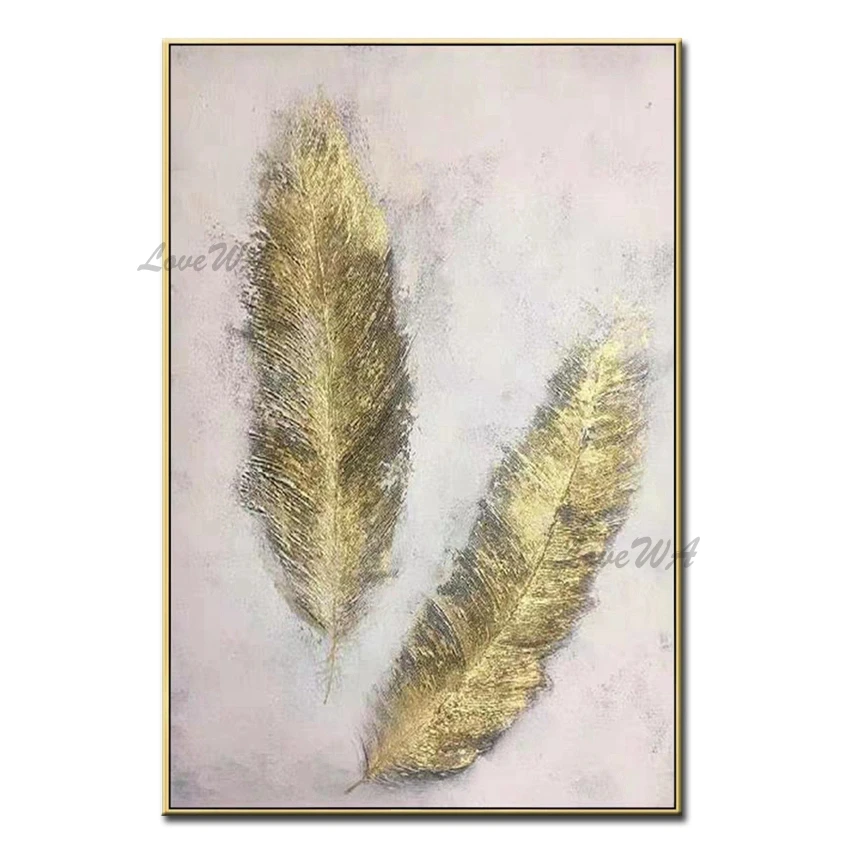 

2 Gloden Color Feathers Frameless 100% Handmade oil Painting On Canvas Wall art Pictures For Living Room Wall Art Home Decor