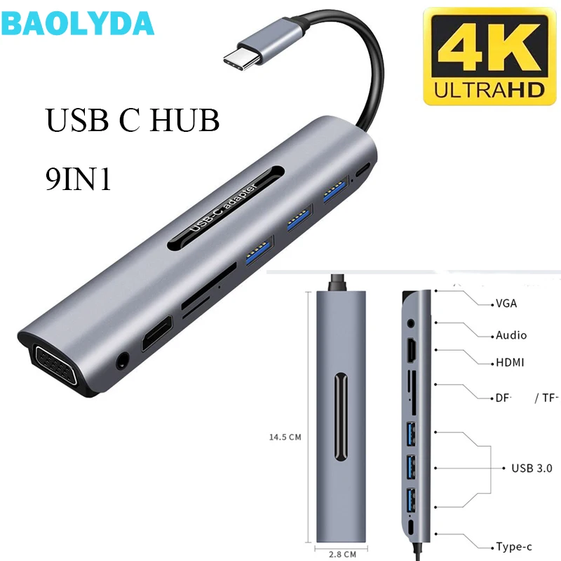 Baolyda USB C концентратор 9 портов адаптер HDMI VGA usb type к 4K для samsung Dex станция MacBook 2018 2017/Air