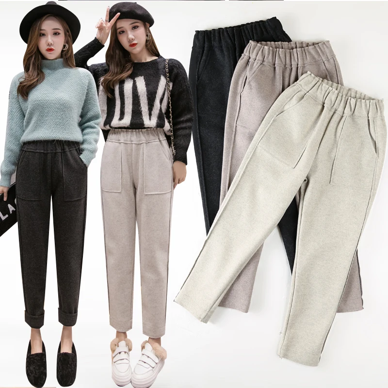 2019 Осенние новые женские эластичные шерстяные брюки большие размеры