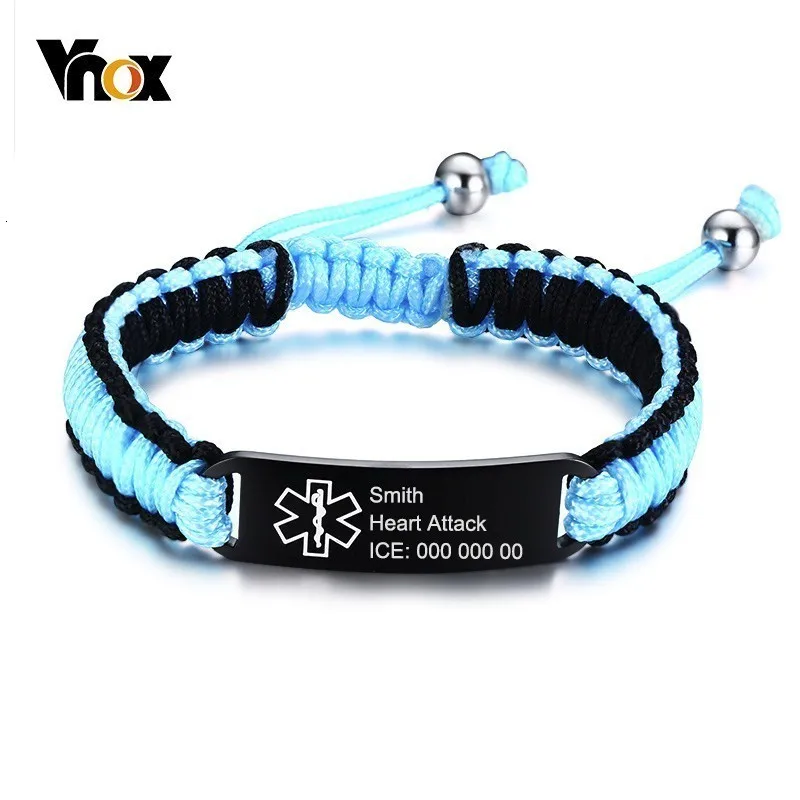 Vnox,, на заказ, водонепроницаемые спортивные медицинские браслеты для мужчин и женщин, ручная работа, регулируемая плетеная веревка из нержавеющей стали