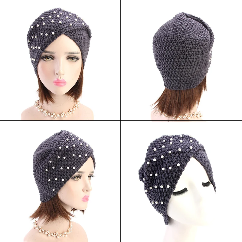 

New 1pc Beanie Wool Hat Women Imitation Pearls Cap Weaving Knitted Warm Winter Hats Solid Color Bonnet Ladies Casual Cap