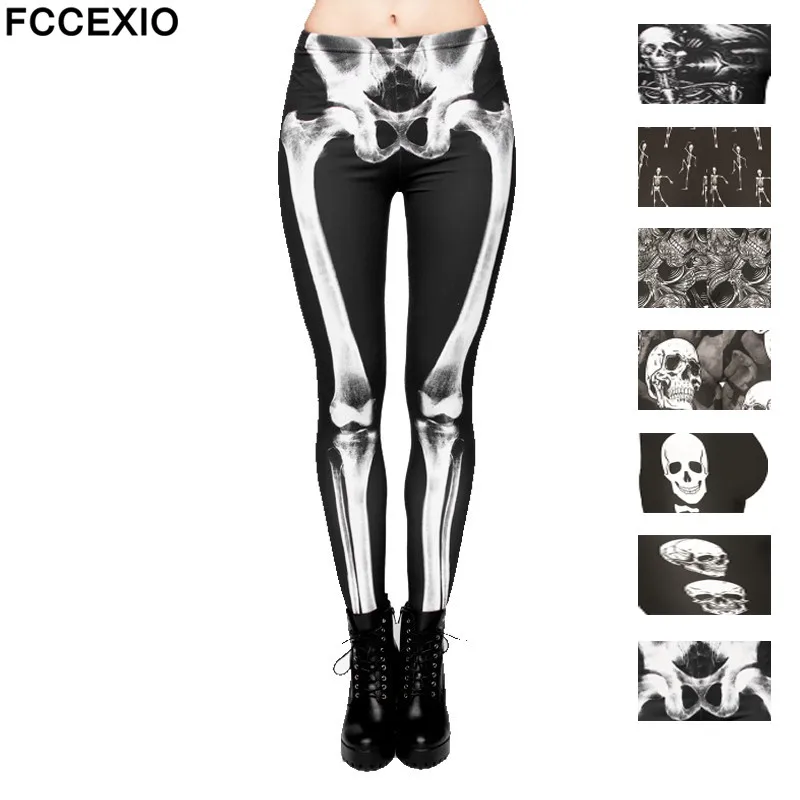 FCCEXIO New Brand 3D Printed Retro Bones Black Skeleton Sexy Women Casual Punk Rock Leggins High Waist Pants Fitness Leggings kyku skull leggings women black leggins graffiti 3d print united states printed pants usa sexy womens leggings pants casual