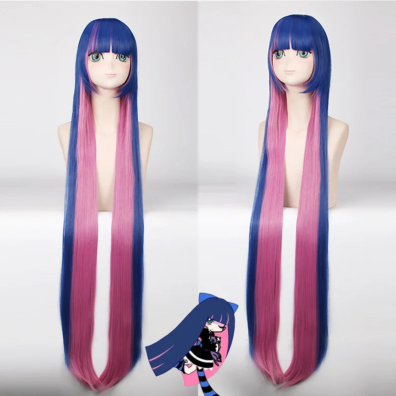 

GNHYLL Panty & Stocking With Garterbel 100cm Blue Pink Fusion Long Straight Hair Heat Resistance Cosplay Costume Wig + Wig Cap