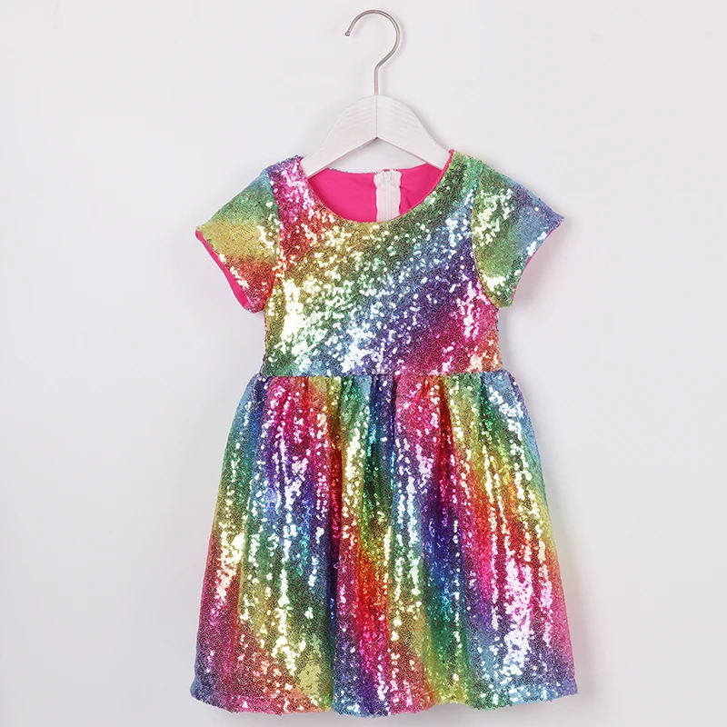 RAINBOW HOT PINK1 Блестящее платье для маленьких девочек; детская блестка Блеск; однотонное розовое, серебряное, Золотое платье с цветочным узором для девочек; праздничное платье с короткими рукавами - Цвет: RAINBOW HOT PINK1