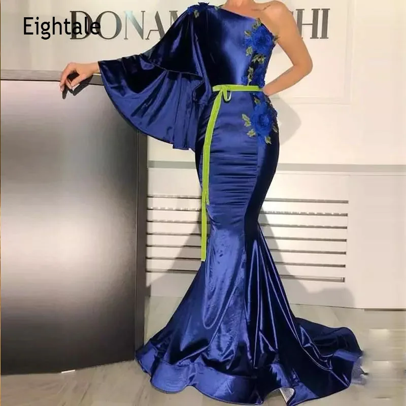 

Eightale Arabic Evening Dresses One Shoulder Appliques Satin Navy Blue Prom Gowns Mermaid Mother of the Bride Formal Party Dress