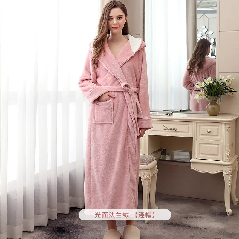 Women Night Robe Nightwear Sleepwear Dress Autumn And Winter Flannel Robe Hooded Bathrobe Thick Pajamas Plus-sized - Color: Pink Women s