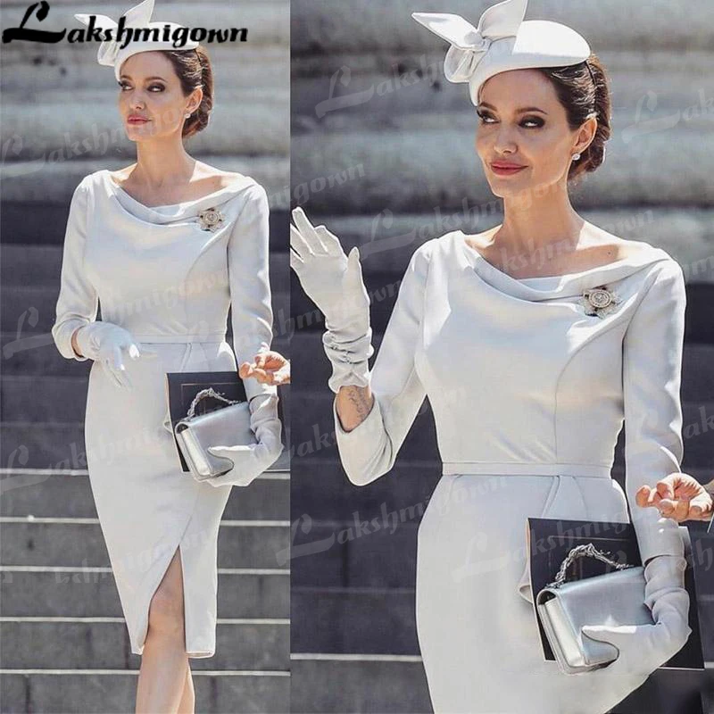 

Stylish Sheath Knee Length Mother of the Bride Dresses Scoop Neck Long Sleeve Pleats Side Split Formal Gown Satin Short dress