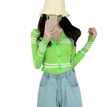 

Women Korean V-neck Striped Long-sleeved Slim Sweater Short Knit Striped Long-sleeved Tops