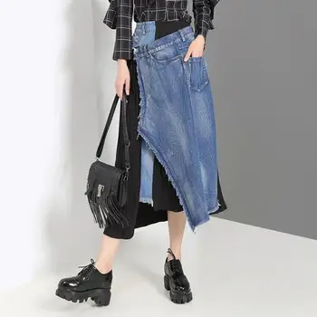 

Spring Autumn 2020 New Style Denim Spliced Pleated Skirt Casual Personality Irregular High Waist Denim Half Body Skirt Big Size