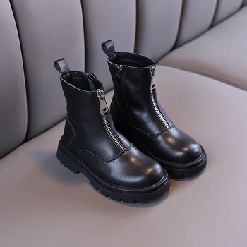 

British Style Girls' Boots Spring And Autumn Children's Single Boots Soft Bottom Leather Boots Front Zipper