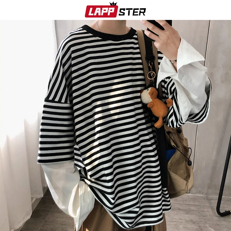 

LAPPSTER Men Fake Two Pieces Harajuku Striped Hoodies 2020 Autumn Hip Hop Japanese Streetwear Sweatshirt Male Oversize Pullovers