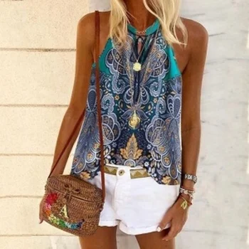 

2020 summer Pius Size S-5XL Sleeveless Hanging Neck Bohemian Women's Tops Round Neck Print New Holiday Style Sleeveless T-shirt